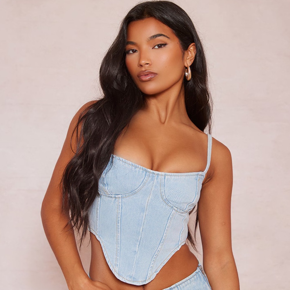 Light Blue Wash Dipped Hem Denim Corset